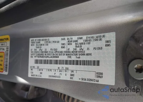 2019 Ford Ranger Lariat z USA, uszkodzony, nr VIN 1FTER4EH2KLA38560